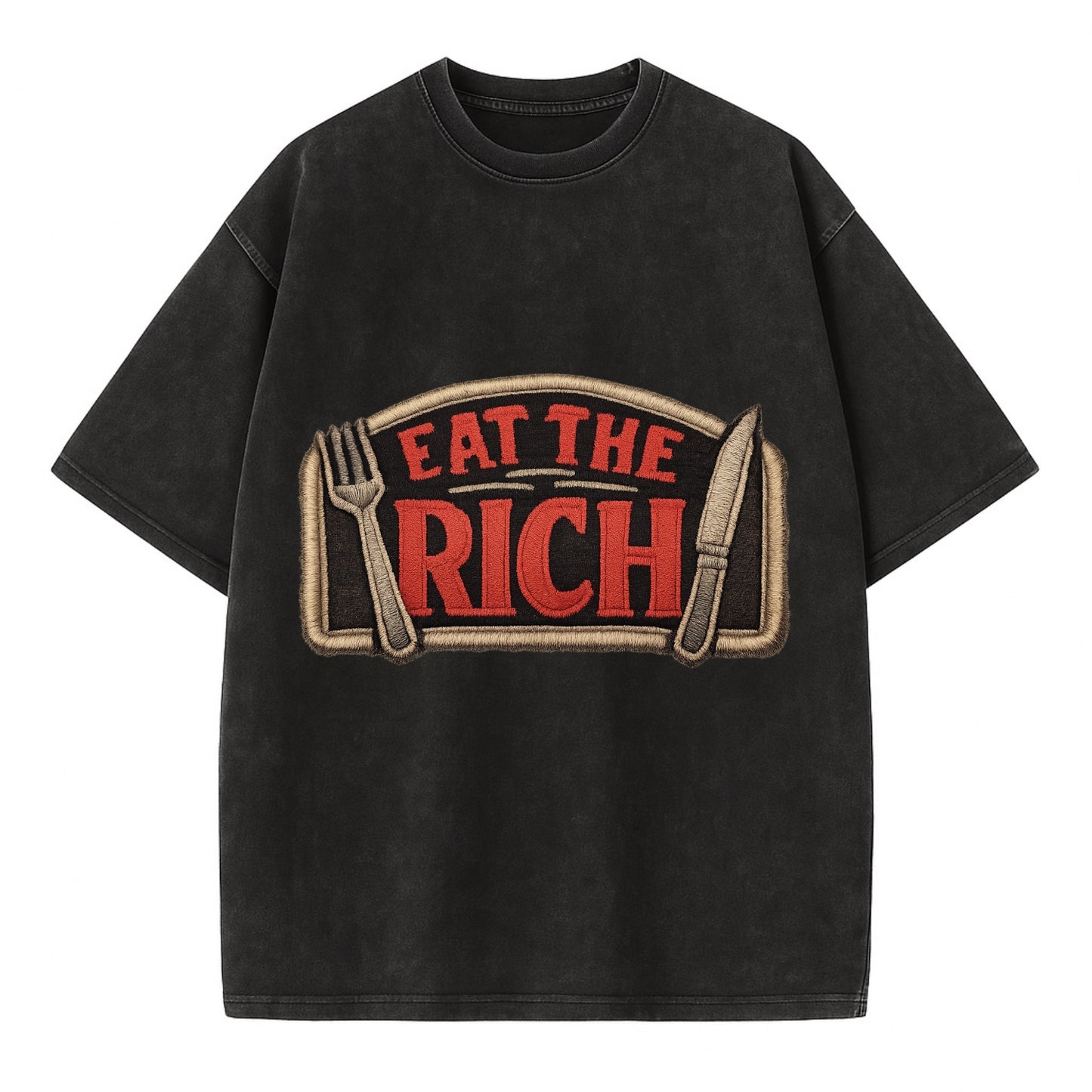 EAT THE RICH - fork and knife with text in red and silver , class war - Vintage T-shirt - Black