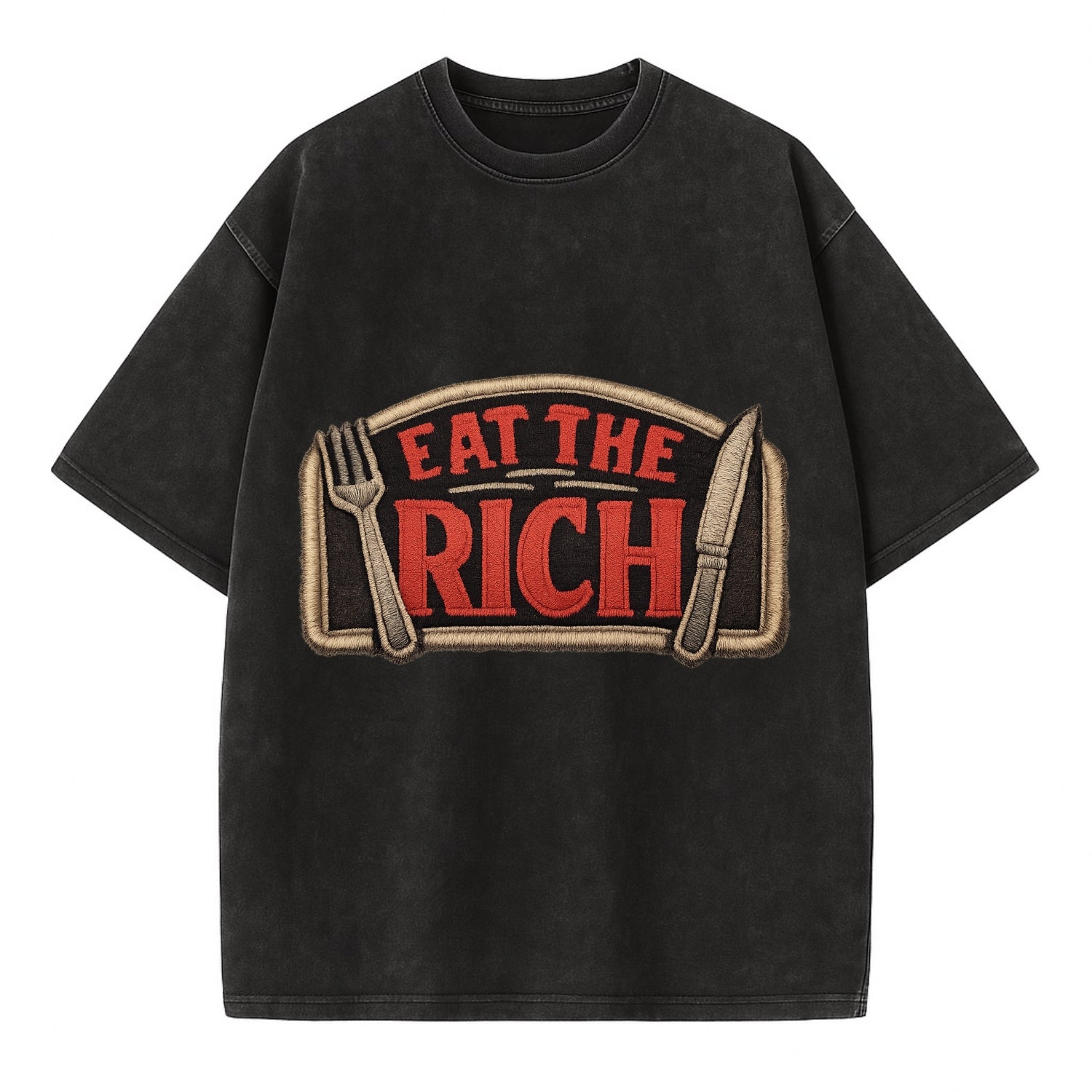 EAT THE RICH - fork and knife with text in red and silver , class war - Vintage T-shirt - Black
