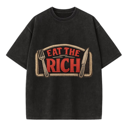 EAT THE RICH - fork and knife with text in red and silver , class war - Vintage T-shirt - Black