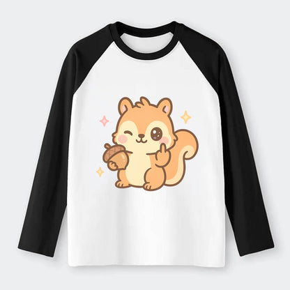 sweet squirrel holding acorn in one paw, flipping off with the other - Raglan Long Sleeve T-Shirt - Black