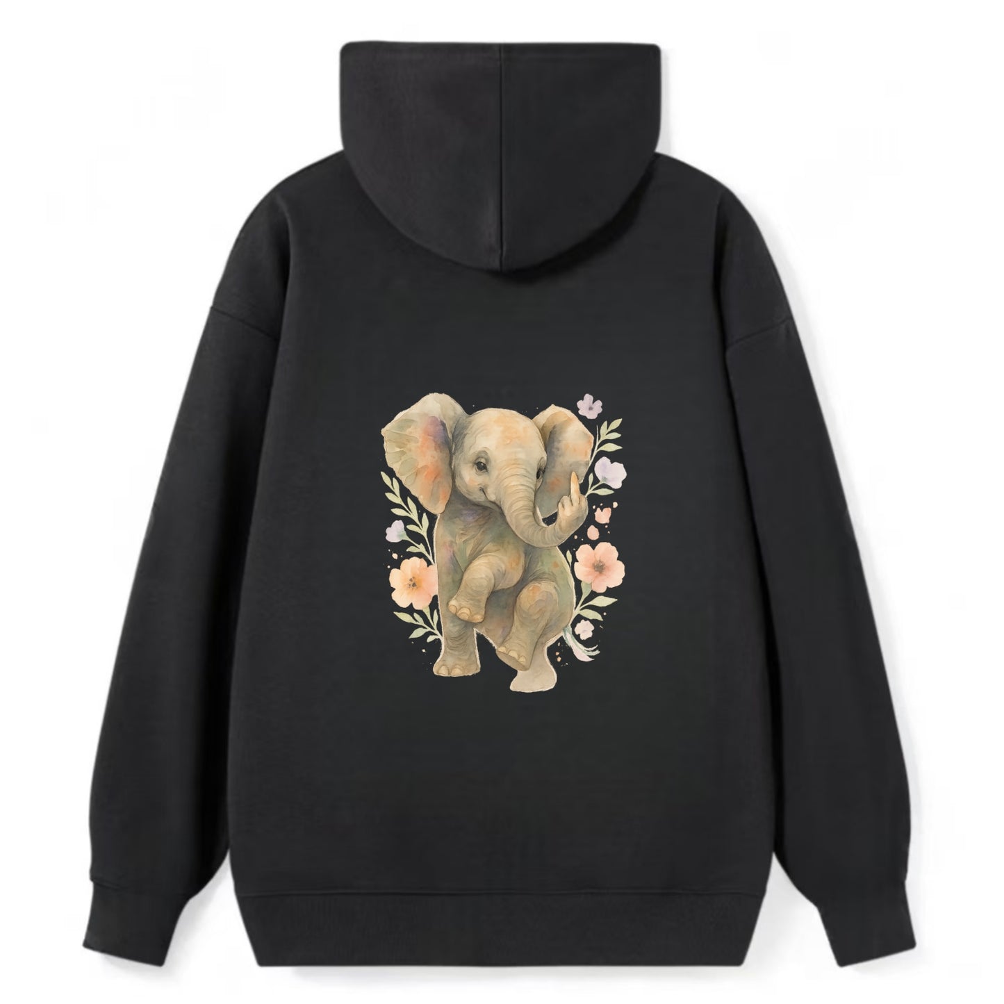 baby elephant with trunk up, one foot raised with middle toe extended - Classic Pullover Hoodie - Black