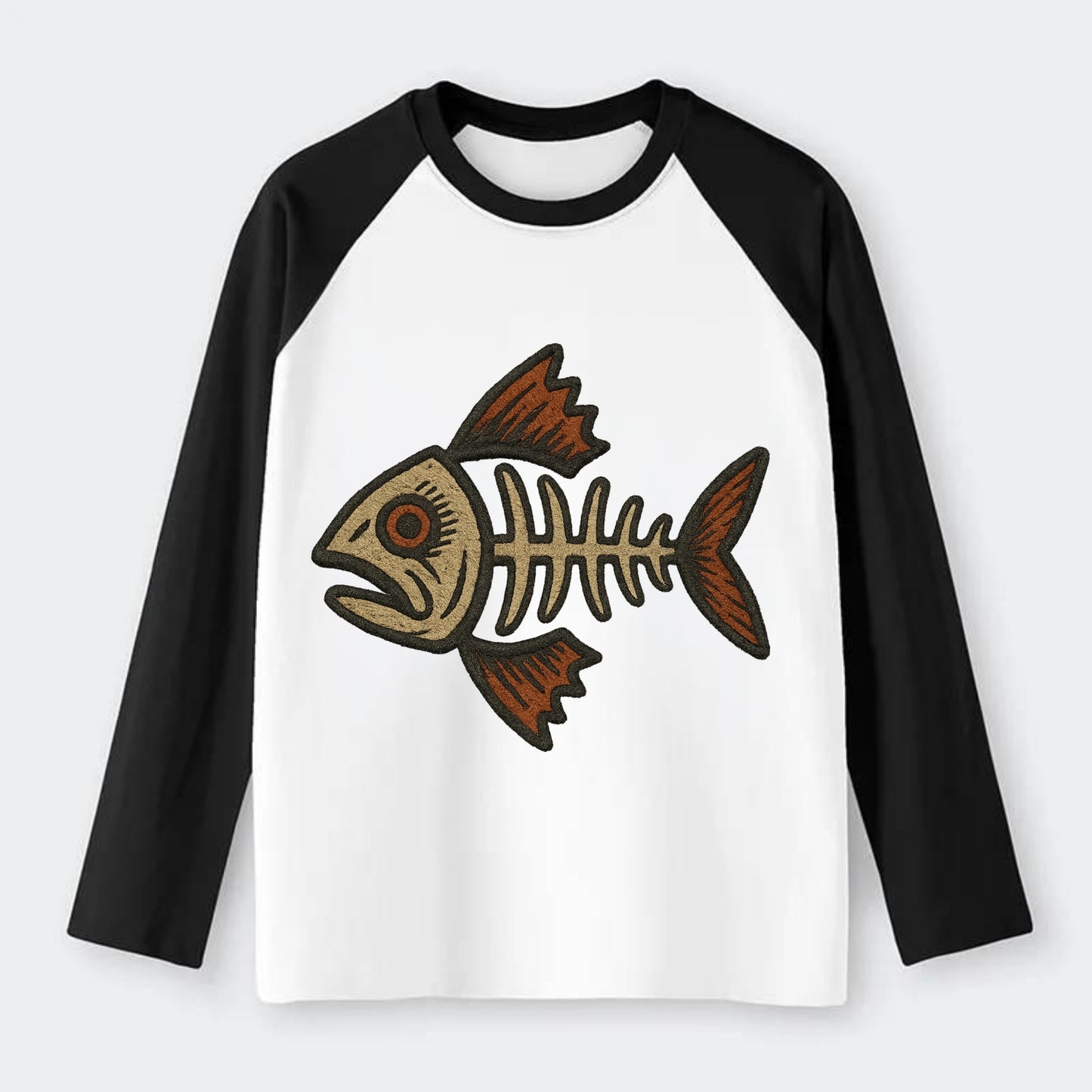 Fish Skeleton  - Raglan Long Sleeve T-Shirt - Black