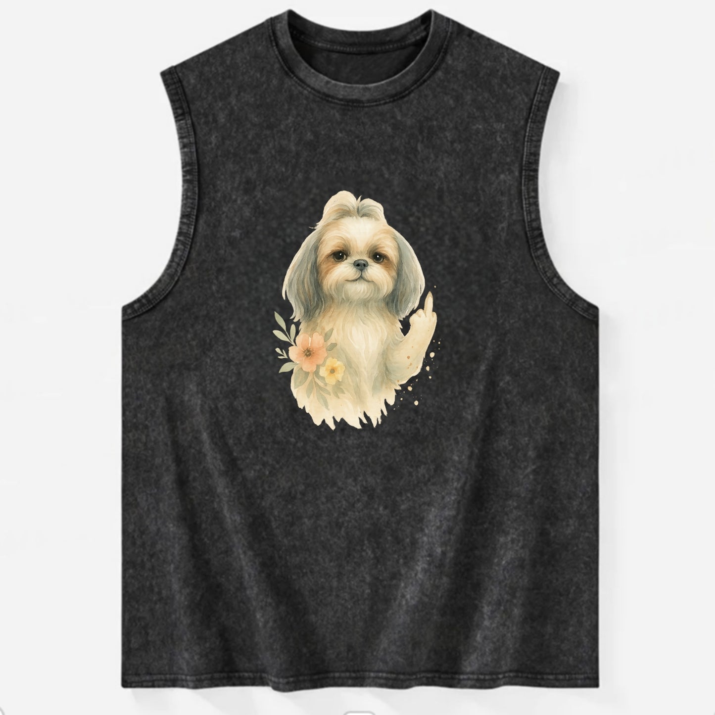 Shih Tzu with long flowing silky hair, tiny paw showing attitude - Vintage Washed Tank - Black