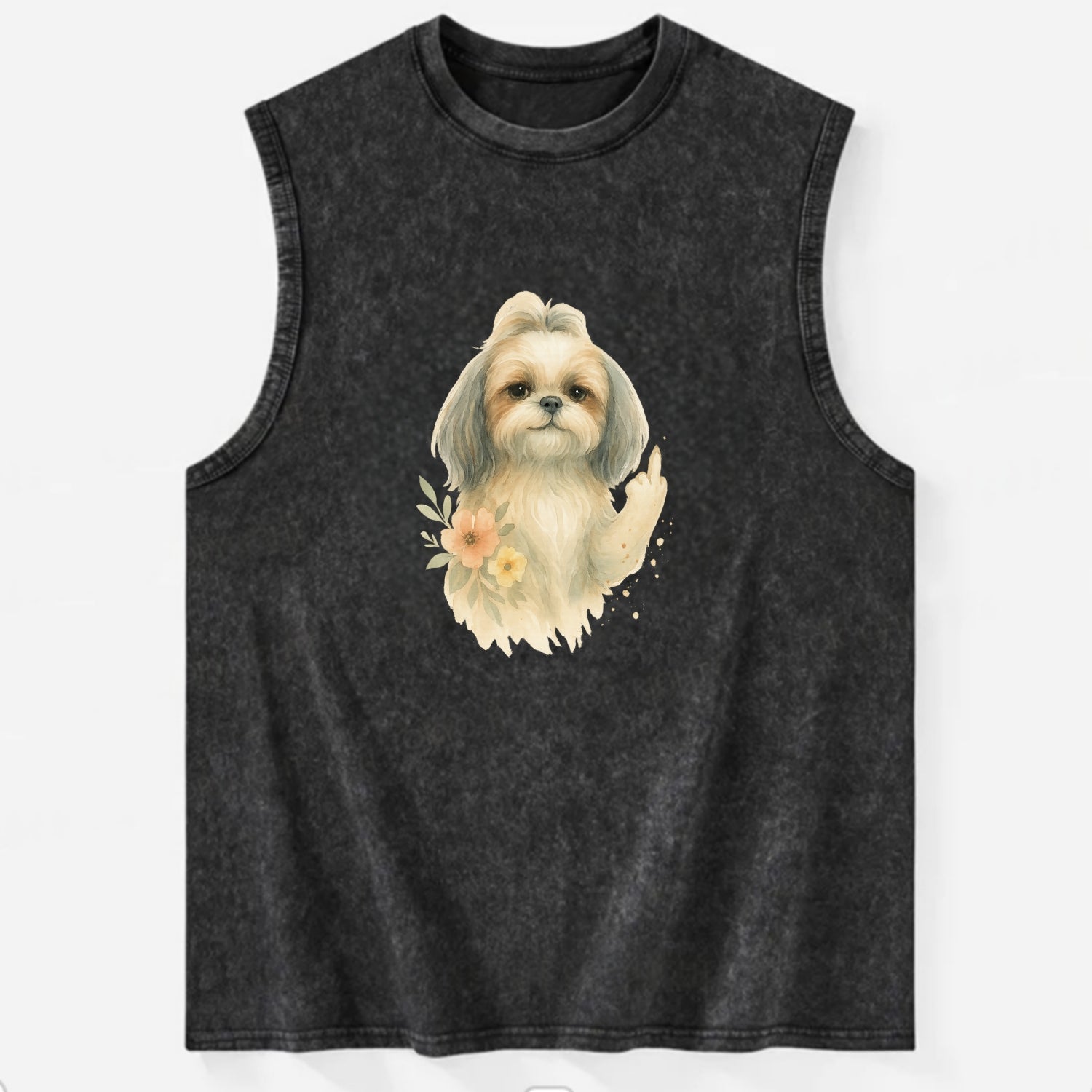 Shih Tzu with long flowing silky hair, tiny paw showing attitude - Vintage Washed Tank - Black