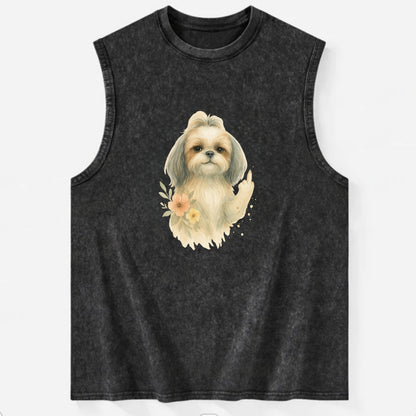 Shih Tzu with long flowing silky hair, tiny paw showing attitude - Vintage Washed Tank - Black
