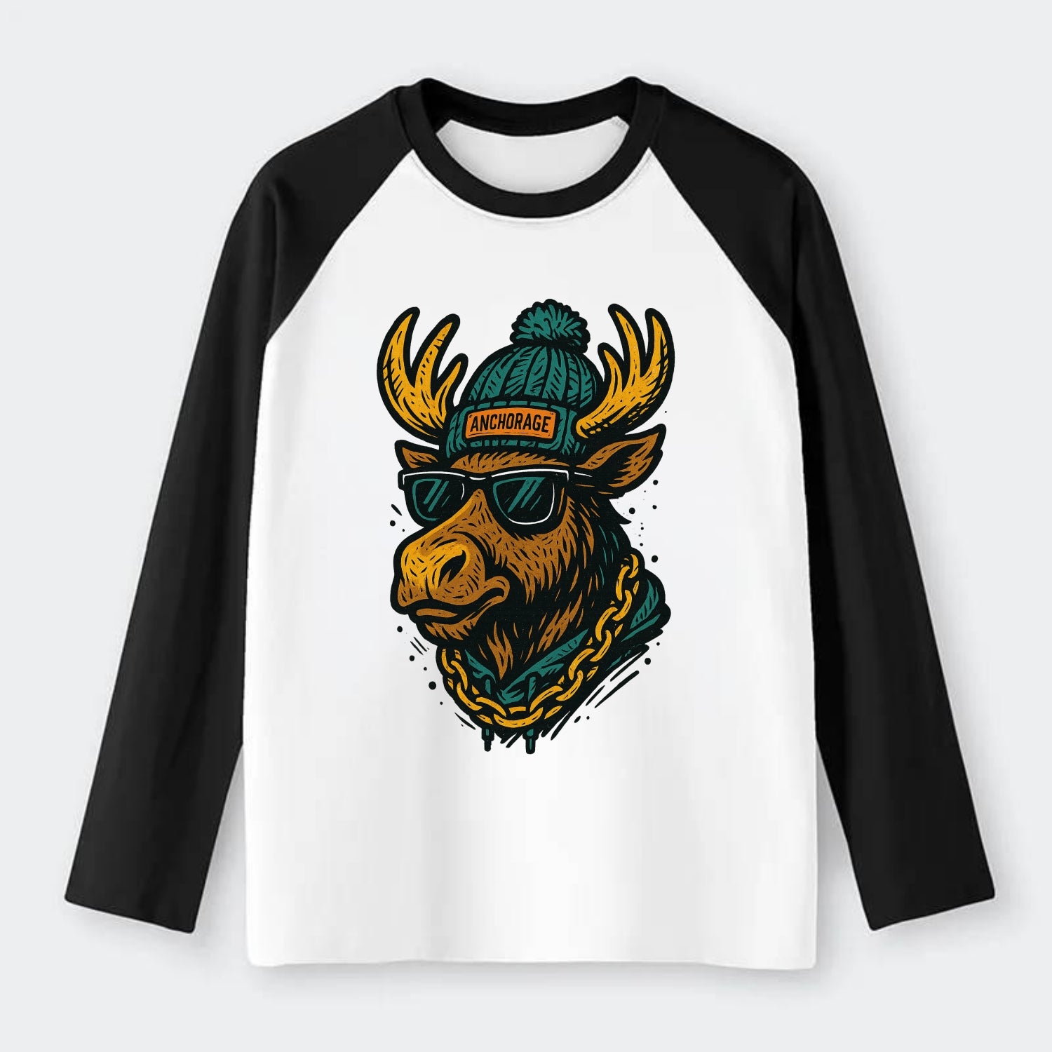Alaska Moose wearing Anchorage beanie with pom pom and wayfarer - Raglan Long Sleeve T-Shirt - Black
