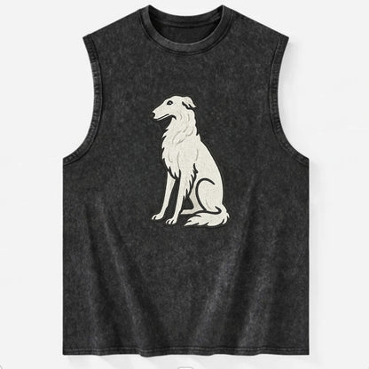 Borzoi - White embroidered sitting pose - Vintage Washed Tank - Black
