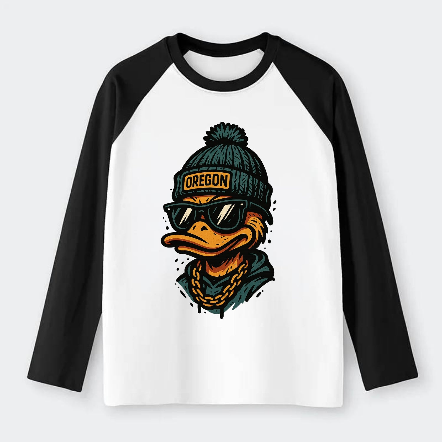 Eugene Duck wearing Oregon beanie with p - Raglan Long Sleeve T-Shirt - Black