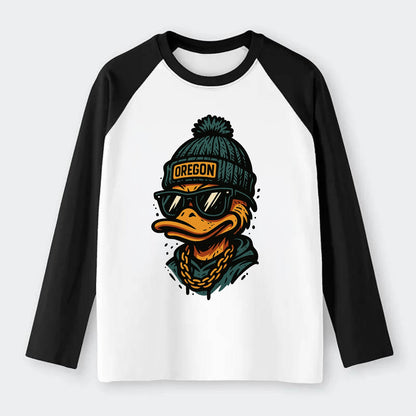 Eugene Duck wearing Oregon beanie with p - Raglan Long Sleeve T-Shirt - Black