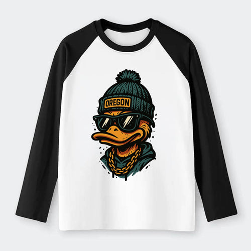 Eugene Duck wearing Oregon beanie with p - Raglan Long Sleeve T-Shirt