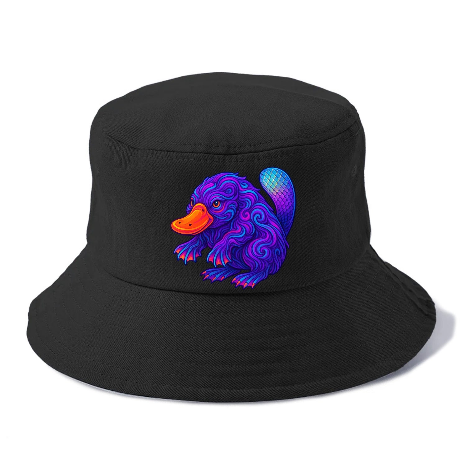 Quirky platypus with bill glowing in neon orange, beaver tail with holographic scales, - Bucket Hat - Black