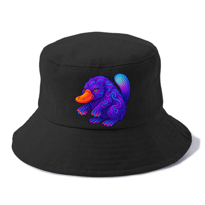 Quirky platypus with bill glowing in neon orange, beaver tail with holographic scales, - Bucket Hat - Black