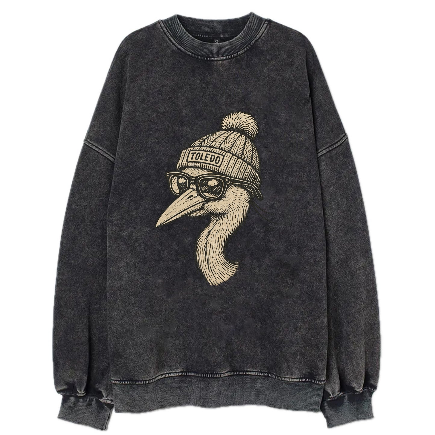 Toledo Great Blue Heron wearing Toledo beanie with pom pom and wayfarer - Vintage Sweatshirt - Black