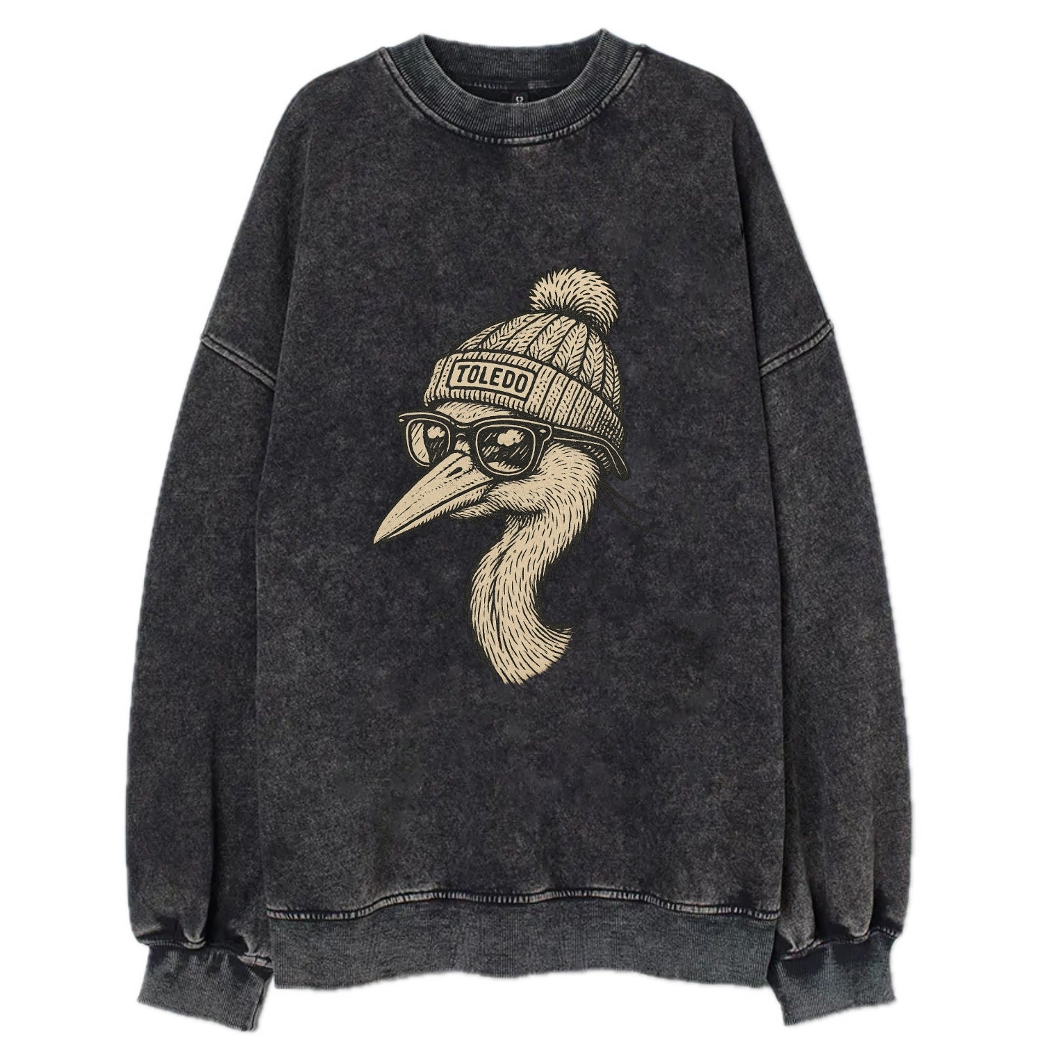 Toledo Great Blue Heron wearing Toledo beanie with pom pom and wayfarer - Vintage Sweatshirt - Black