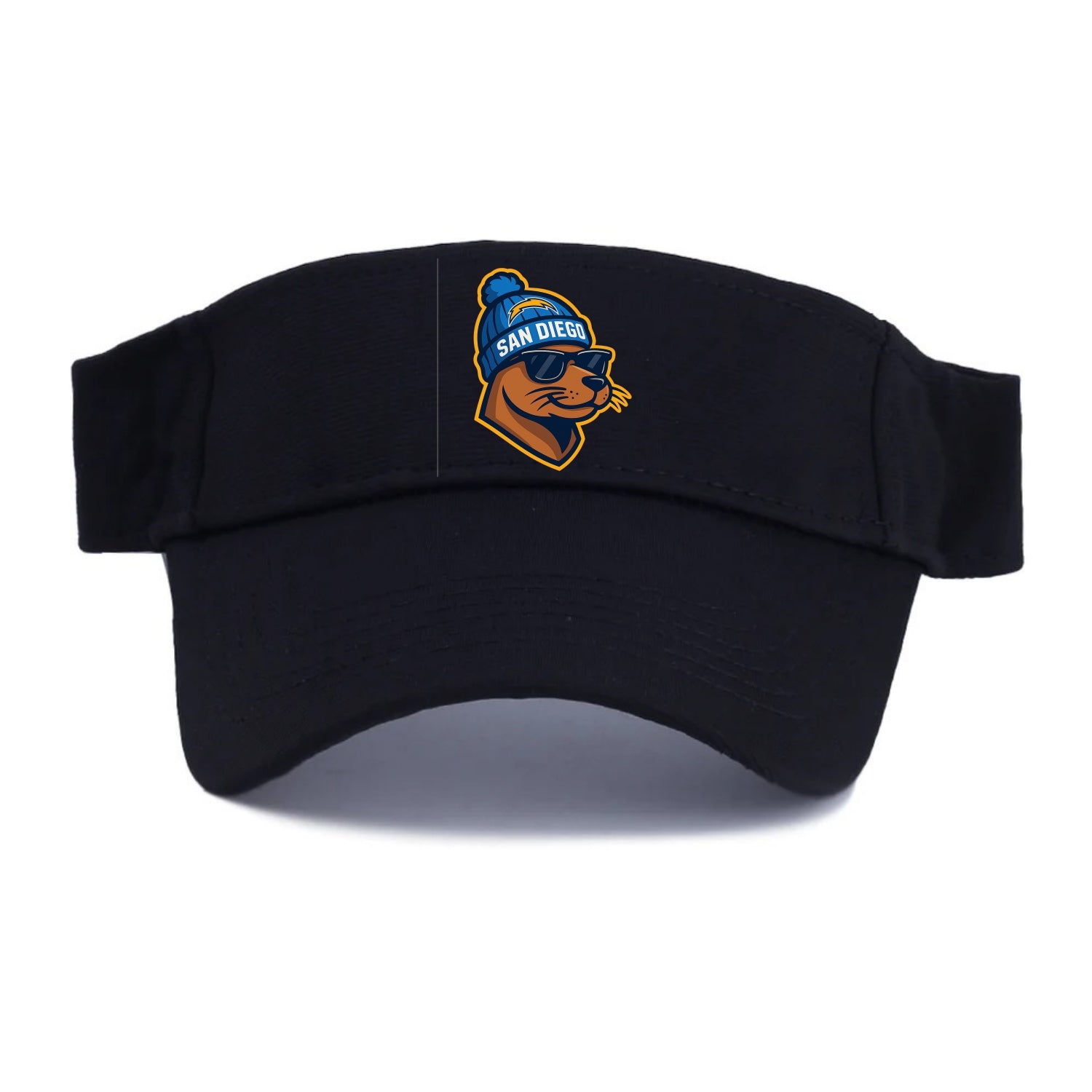 San Diego Sea Lion wearing Chargers beanie with bolt patch and wayfarer sunglasses - Visor - Black