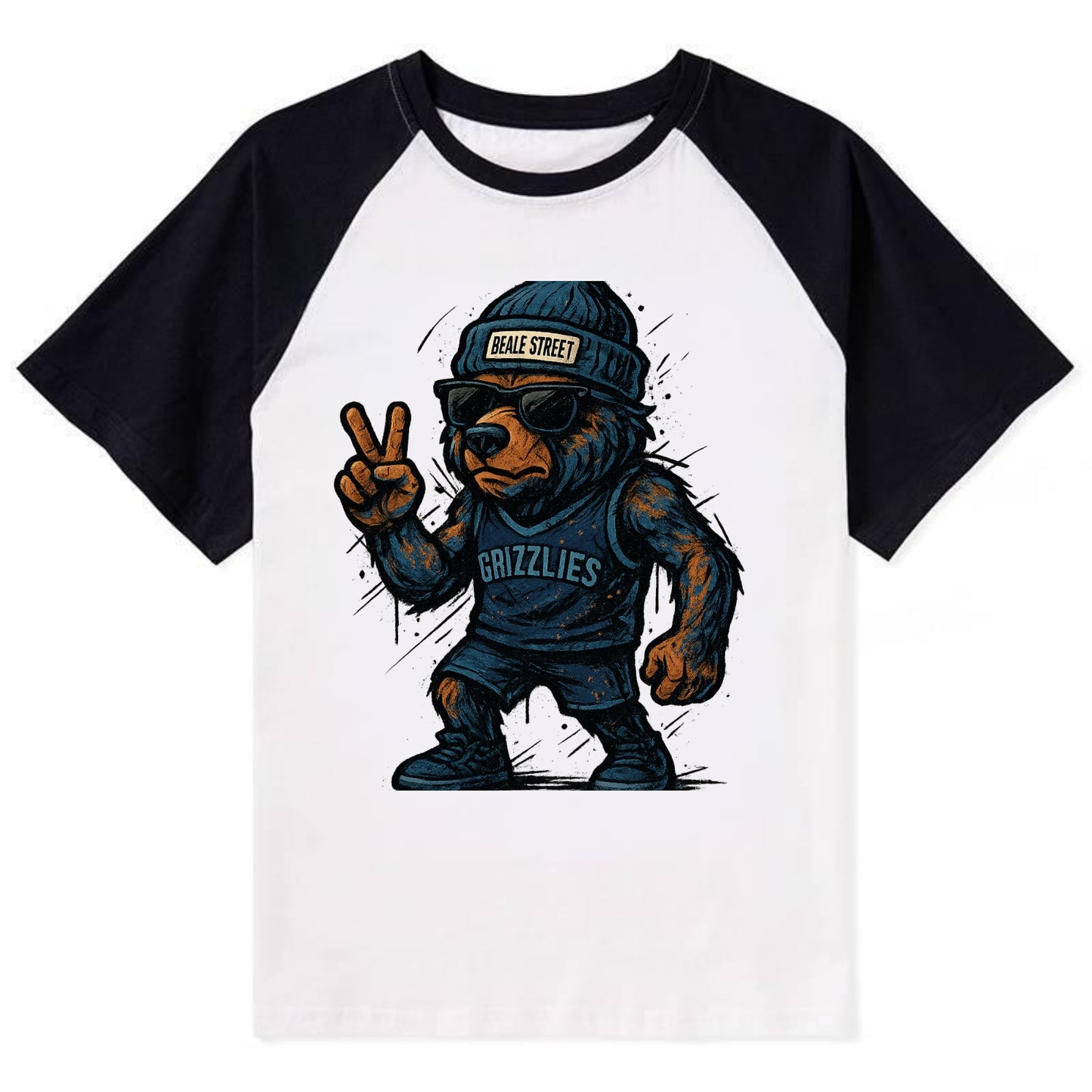 Memphis Grizzly Bear wearing Grizzlies navy and light blue beanie with - Contrast Raglan T-shirt - Black