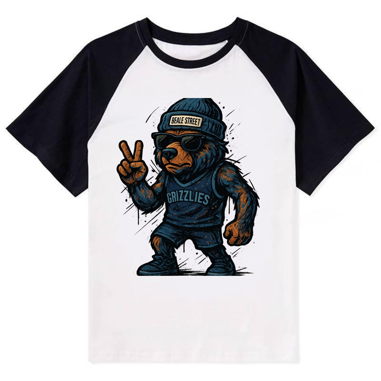 Memphis Grizzly Bear wearing Grizzlies navy and light blue beanie with - Contrast Raglan T-shirt - Black