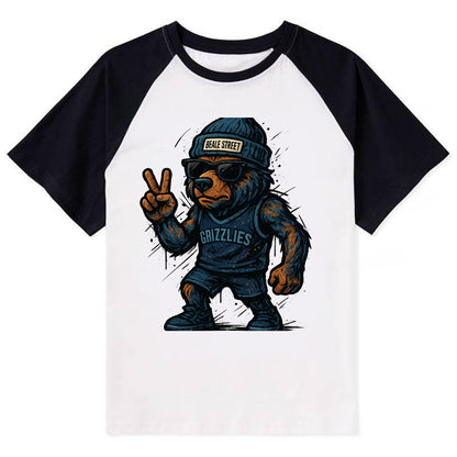 Memphis Grizzly Bear wearing Grizzlies navy and light blue beanie with - Contrast Raglan T-shirt - Black
