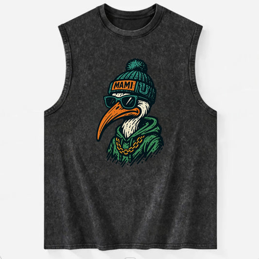 Coral Gables Ibis wearing Miami beanie with U patch - Vintage Washed Tank - Black