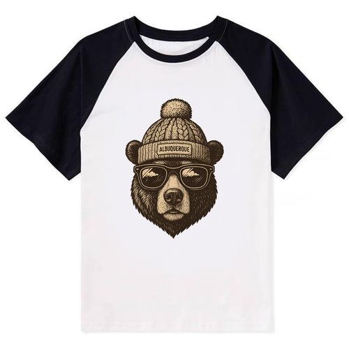 New Mexico Black Bear wearing Albuquerque beanie with pom pom and - Contrast Raglan T-shirt