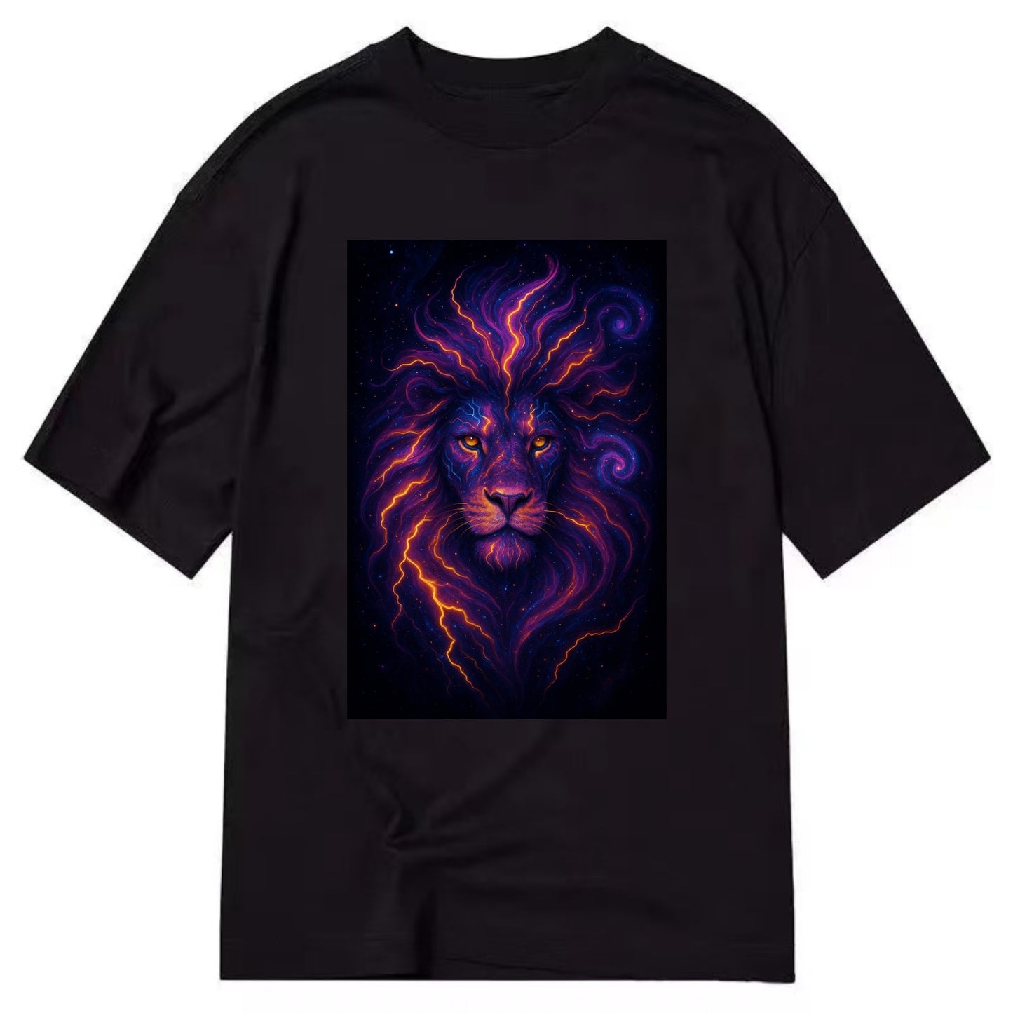 Regal lion with mane made of electric currents, neon yellow and hot pink energy - Classic T-shirt - Black