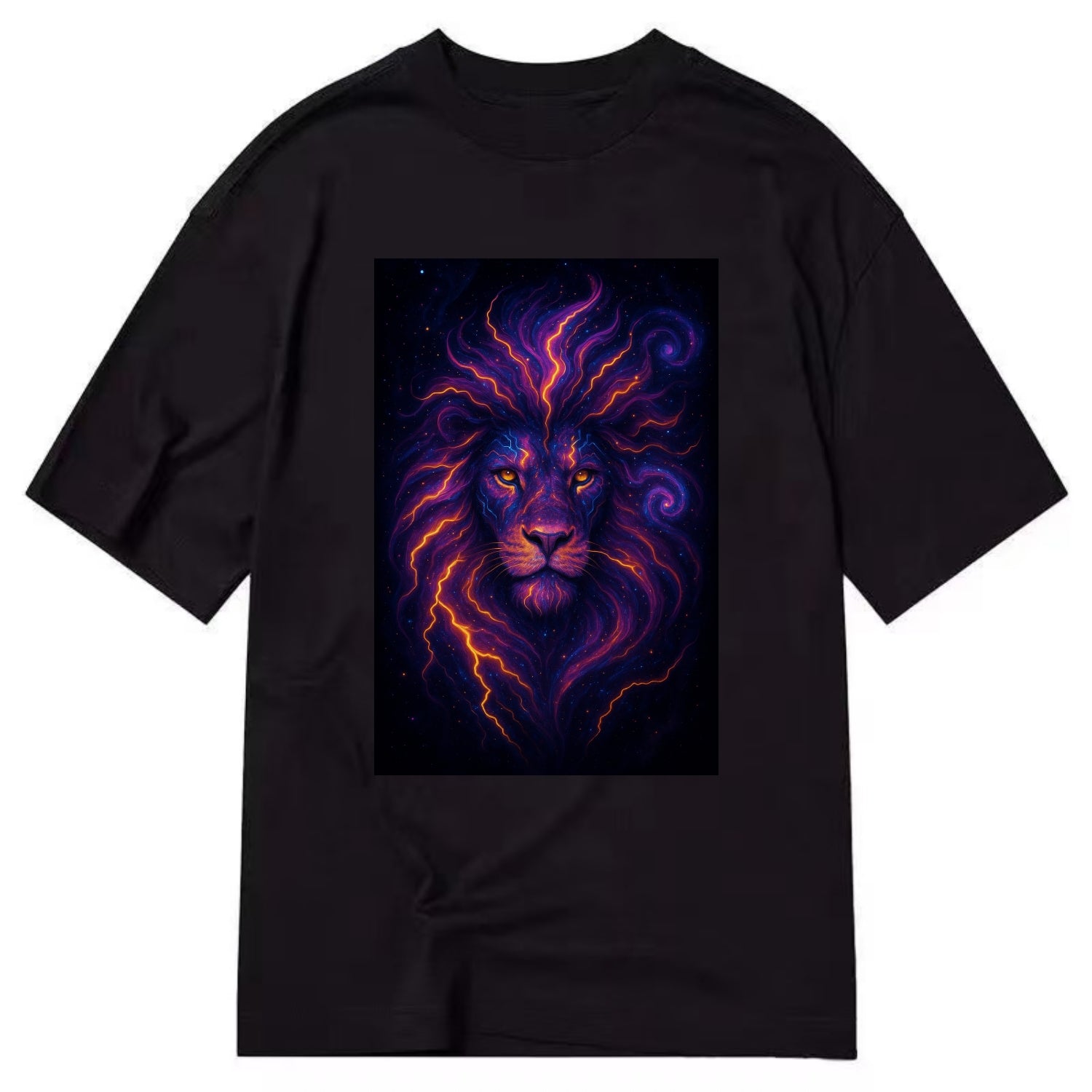 Regal lion with mane made of electric currents, neon yellow and hot pink energy - Classic T-shirt - Black
