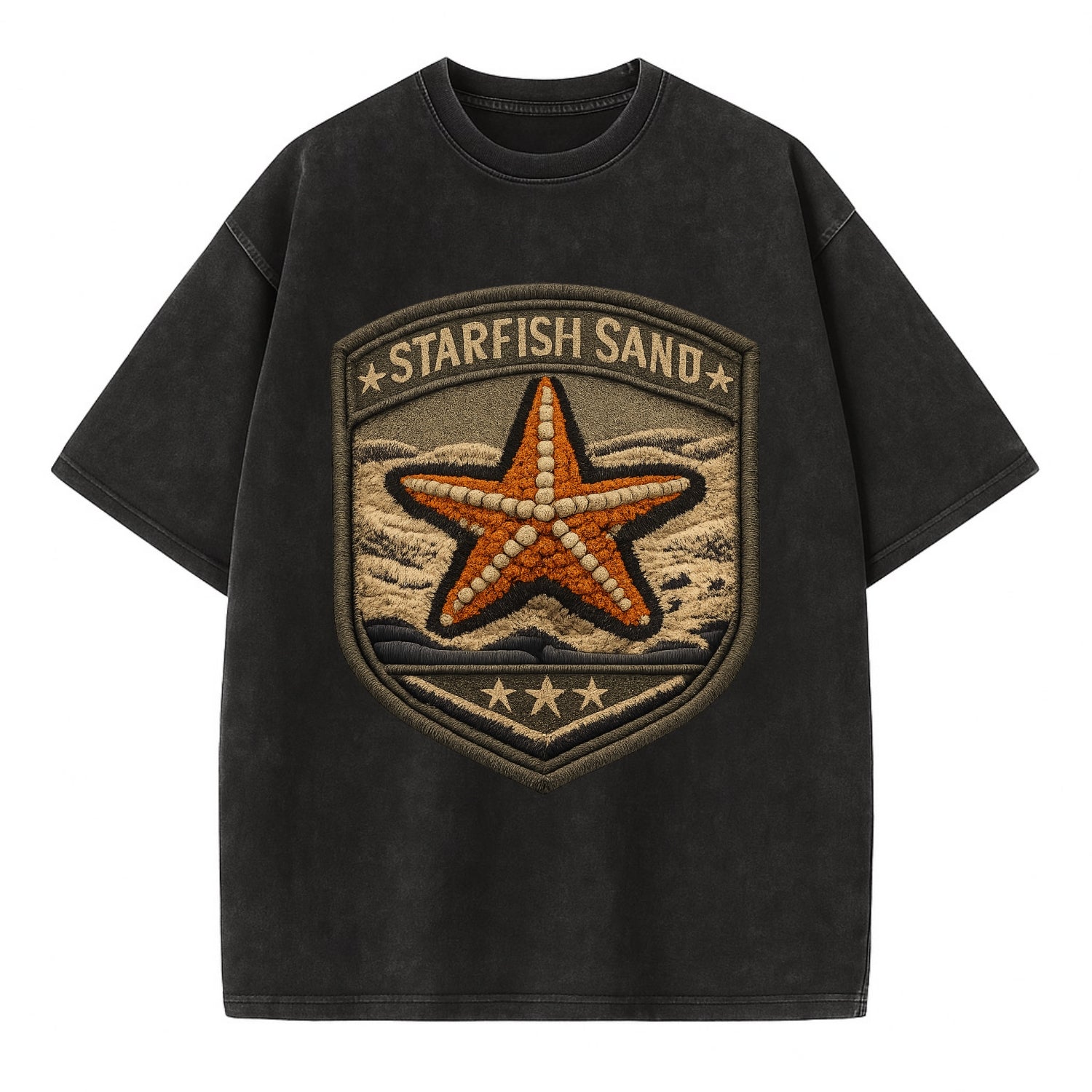 STARFISH SAND - sea star in orange and tan , beachcomber - Vintage T-shirt - Black