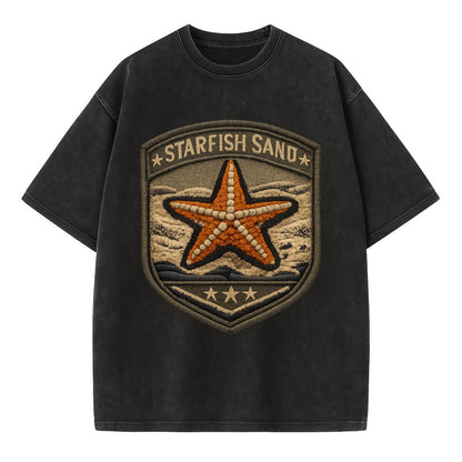 STARFISH SAND - sea star in orange and tan , beachcomber - Vintage T-shirt - Black