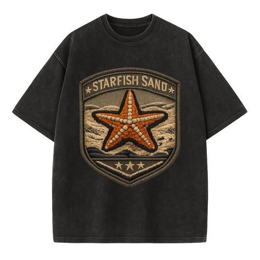 STARFISH SAND - sea star in orange and tan , beachcomber - Vintage T-shirt - Black