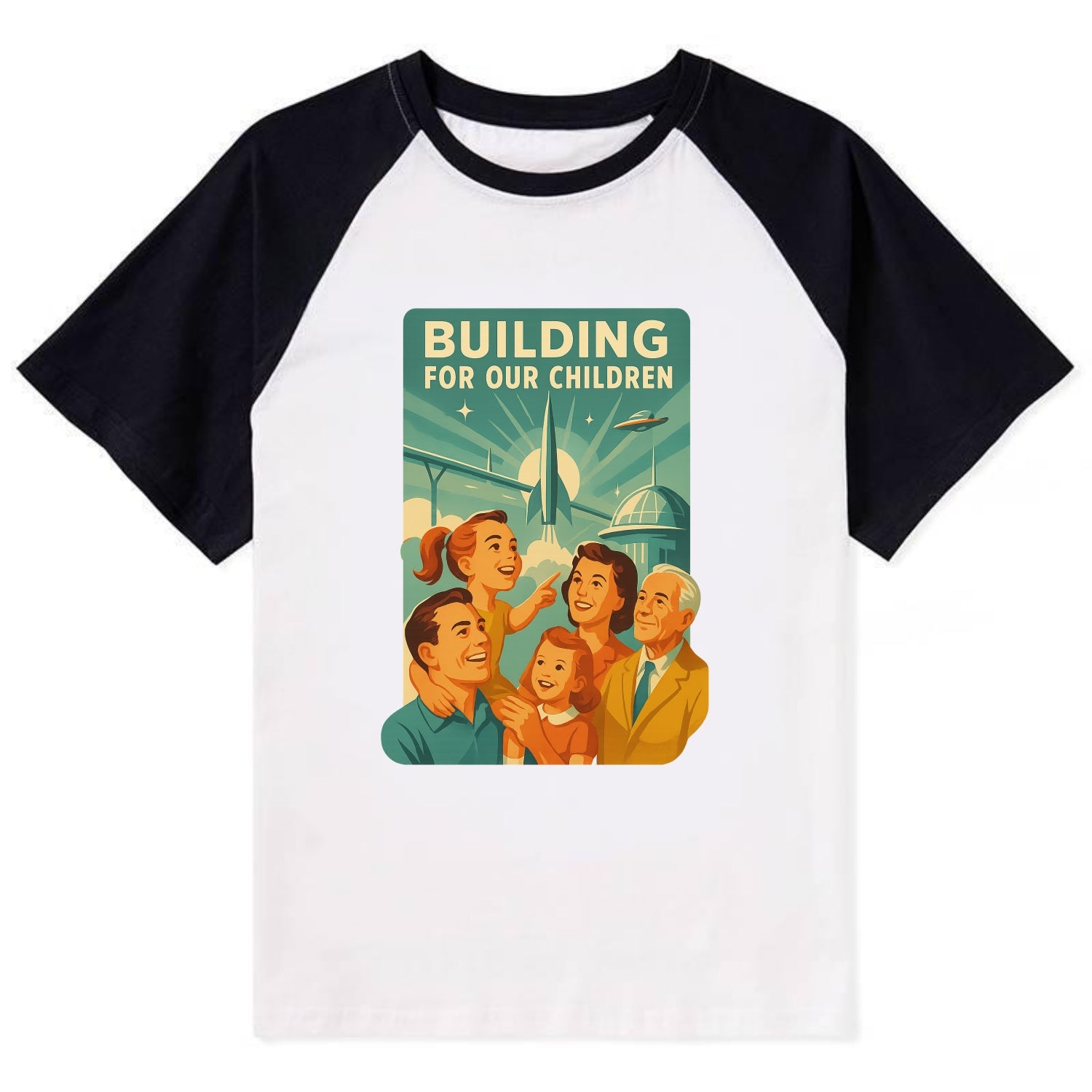 Multiple generations celebrating progress together - "Building for Our - Contrast Raglan T-shirt - Black