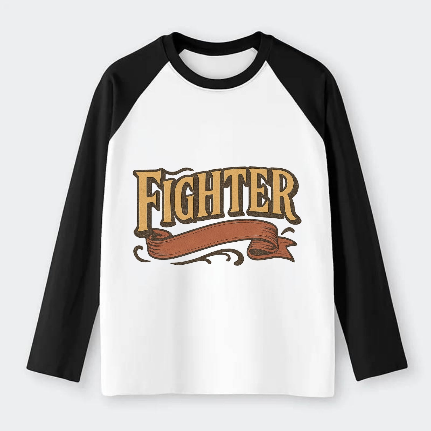 Bold typography design - "FIGHTER" - never giving up, battling on - Raglan Long Sleeve T-Shirt - Black