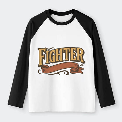 Bold typography design - "FIGHTER" - never giving up, battling on - Raglan Long Sleeve T-Shirt - Black