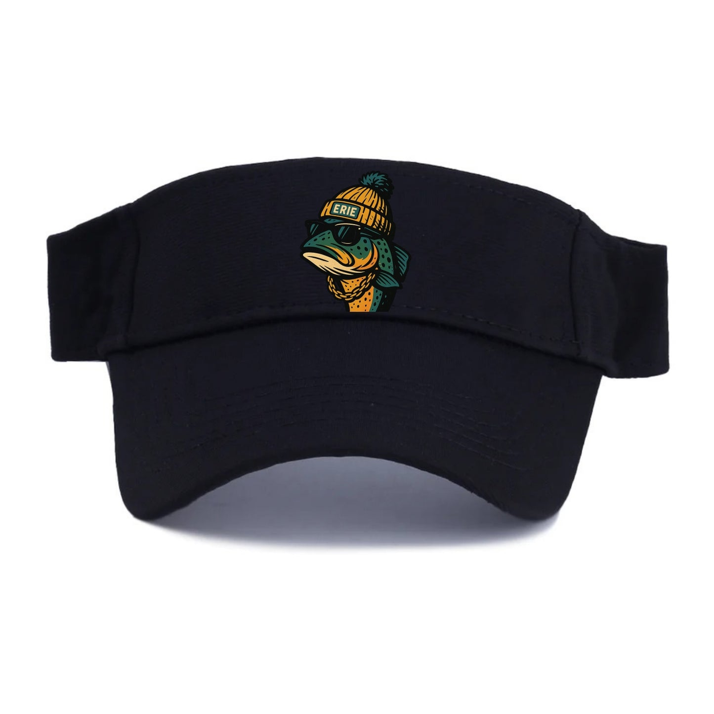 Erie Lake Trout wearing Erie beanie with pom pom and wayfarer sunglasses - Visor - Black