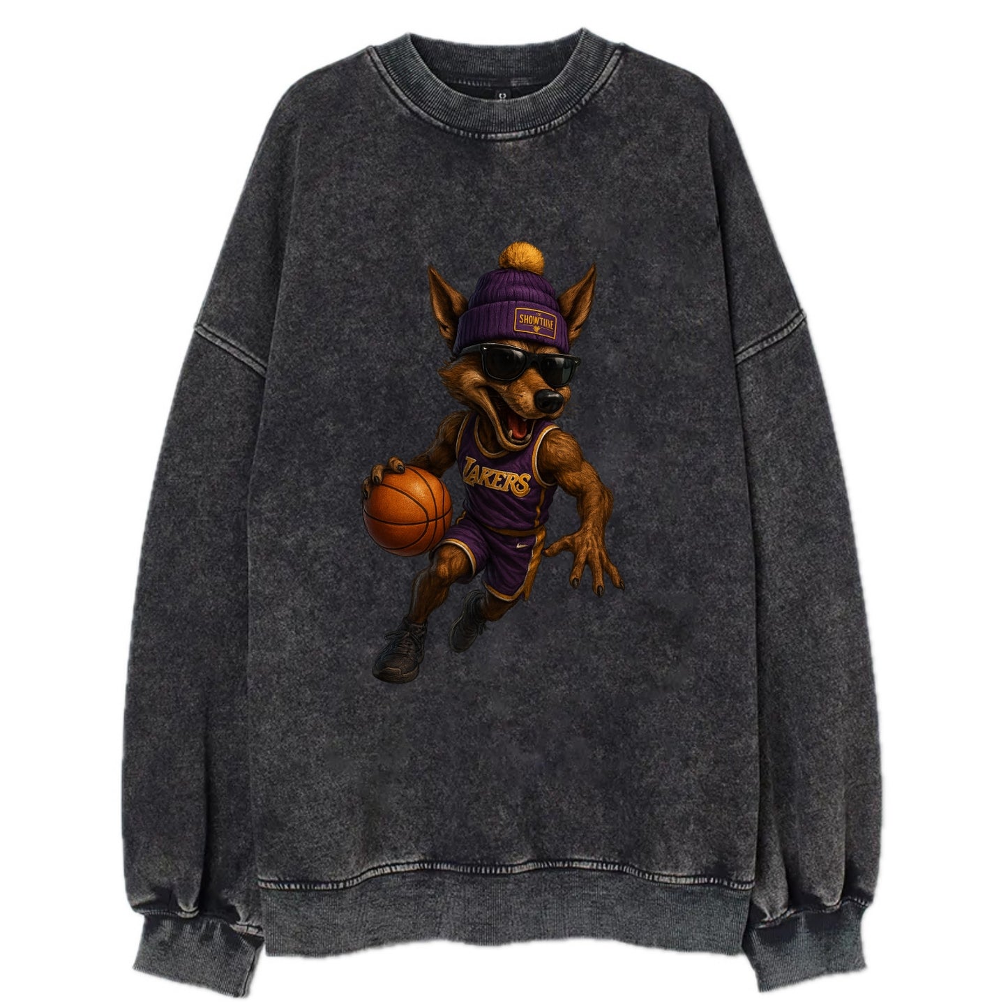 Hollywood Coyote wearing Lakers beanie with Showtime patch and wayfarer - Vintage Sweatshirt - Black
