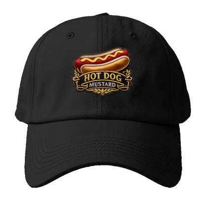 HOT DOG MUSTARD - classic hot dog in tan yellow red , ballpark food - Baseball Cap - Black