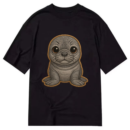 Baby Elephant Seal - gray wrinkly, tiny trunk nose, big dark eyes, front-facing, - Classic T-shirt - Black