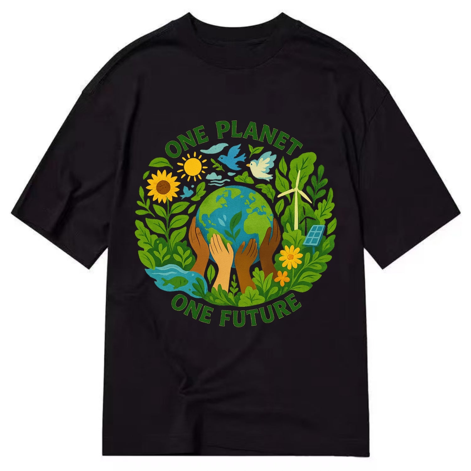 Globe surrounded by hands of all colors working together - "One Planet, One - Classic T-shirt - Black