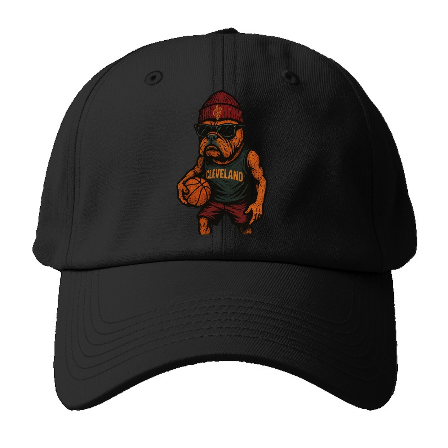Cleveland Bulldog wearing Cavaliers wine and gold beanie with sword - Baseball Cap For Big Heads - Black