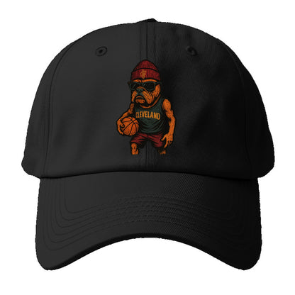 Cleveland Bulldog wearing Cavaliers wine and gold beanie with sword - Baseball Cap For Big Heads - Black