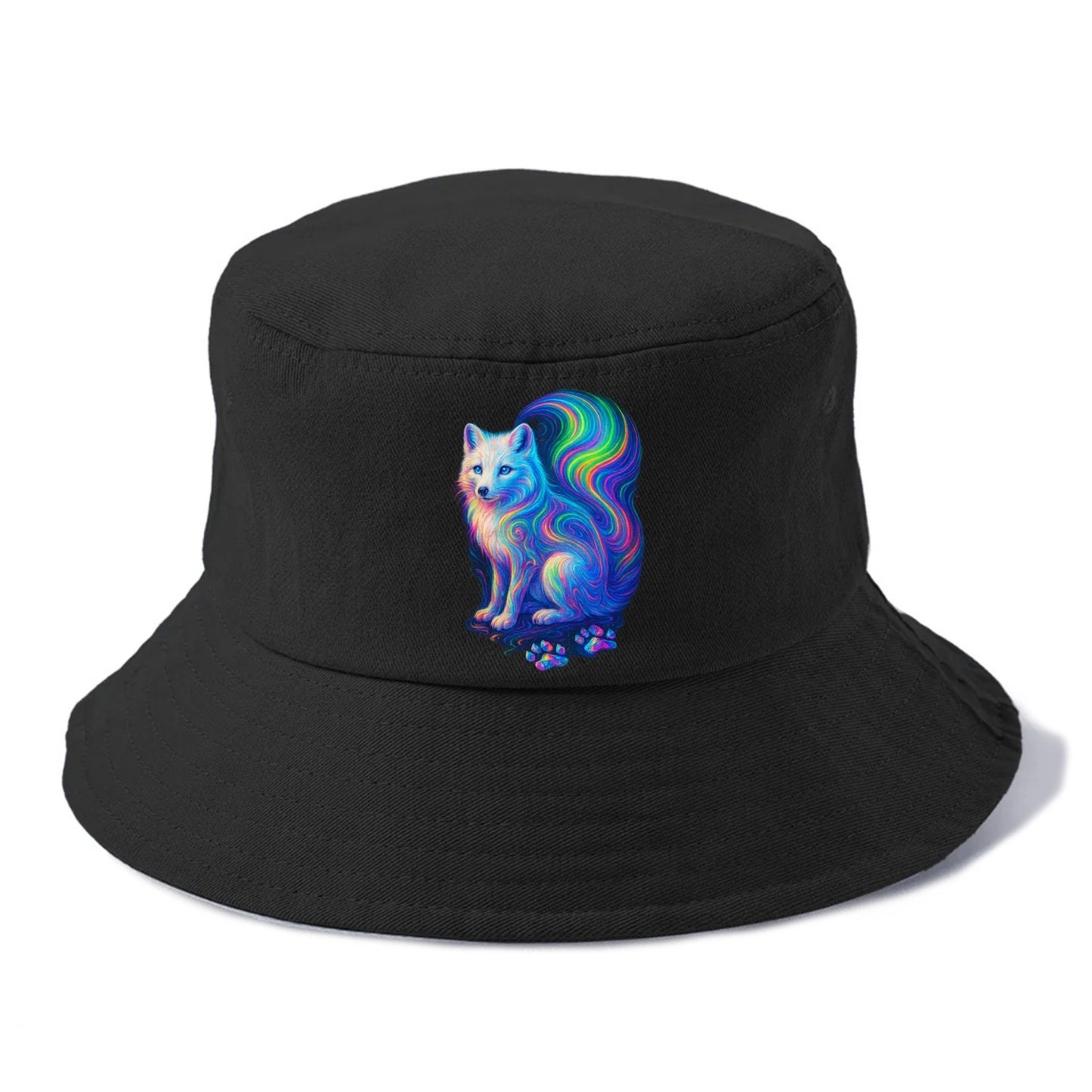 Graceful arctic fox with tail streaming aurora colors, white fur with prismatic - Bucket Hat - Black