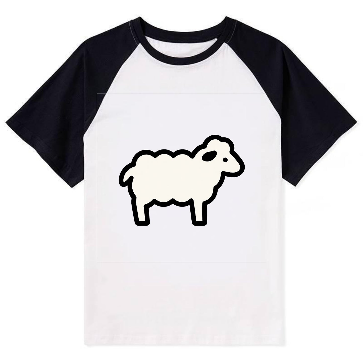 Sheep - White fluffy wool flat side profile - Contrast Raglan T-shirt - Black
