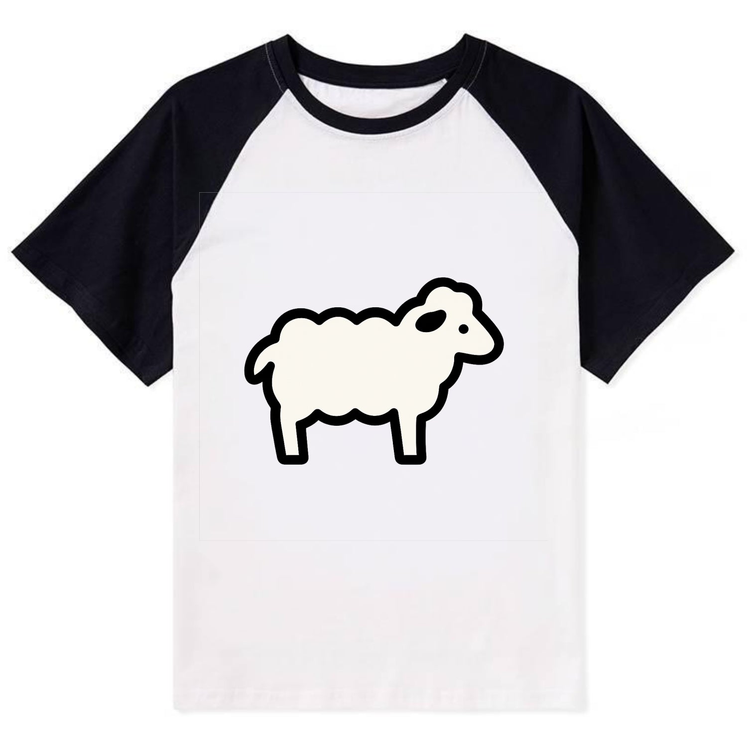 Sheep - White fluffy wool flat side profile - Contrast Raglan T-shirt - Black