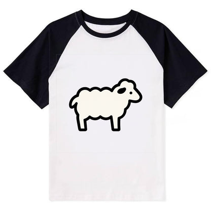 Sheep - White fluffy wool flat side profile - Contrast Raglan T-shirt - Black