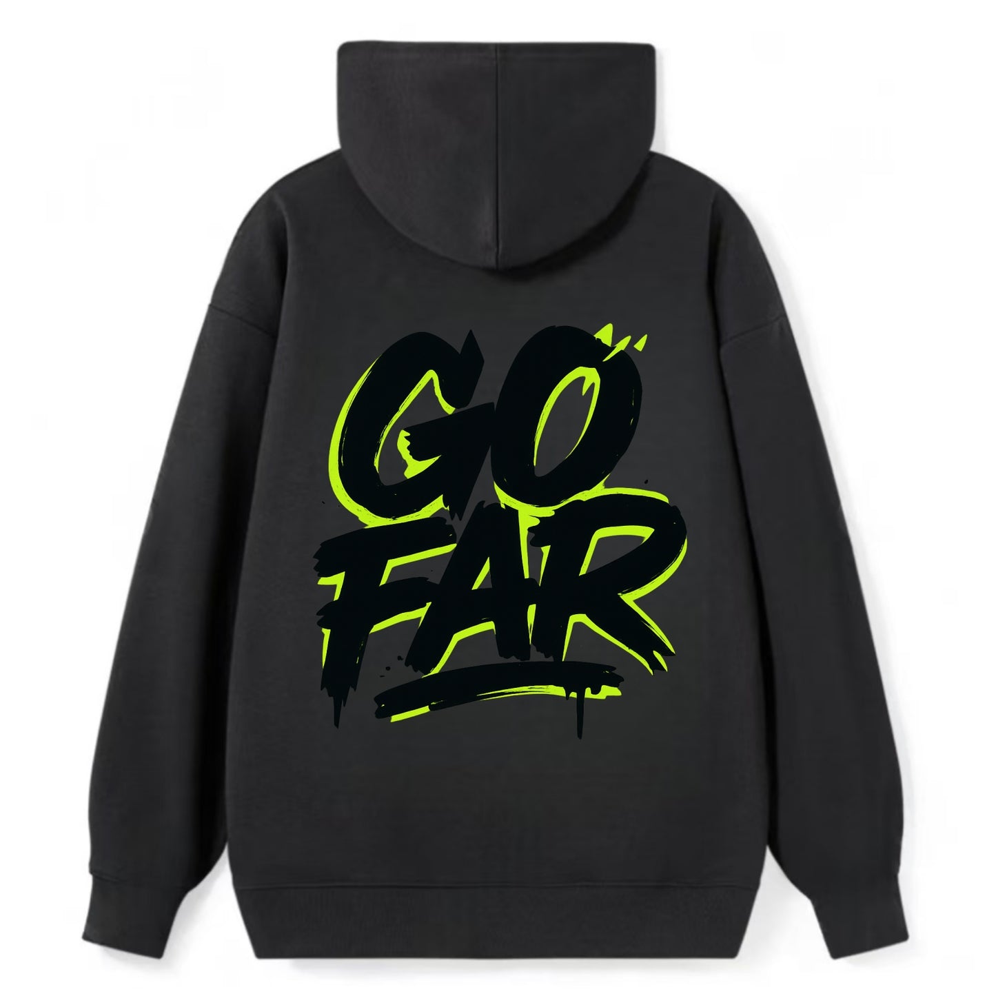 Bold typography design - "GO FAR" - distance goals, pushing limits - Classic Pullover Hoodie - Black