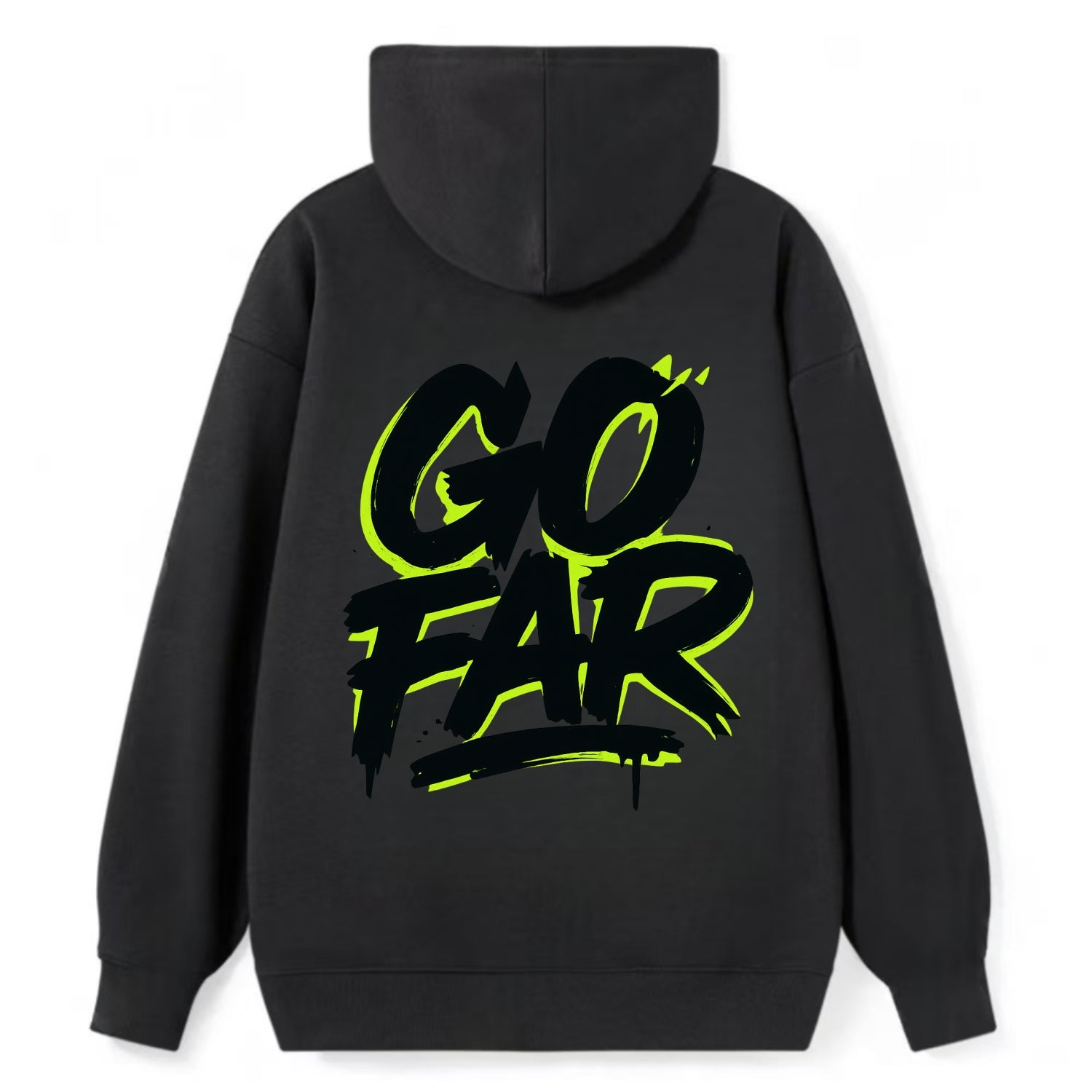 Bold typography design - "GO FAR" - distance goals, pushing limits - Classic Pullover Hoodie - Black