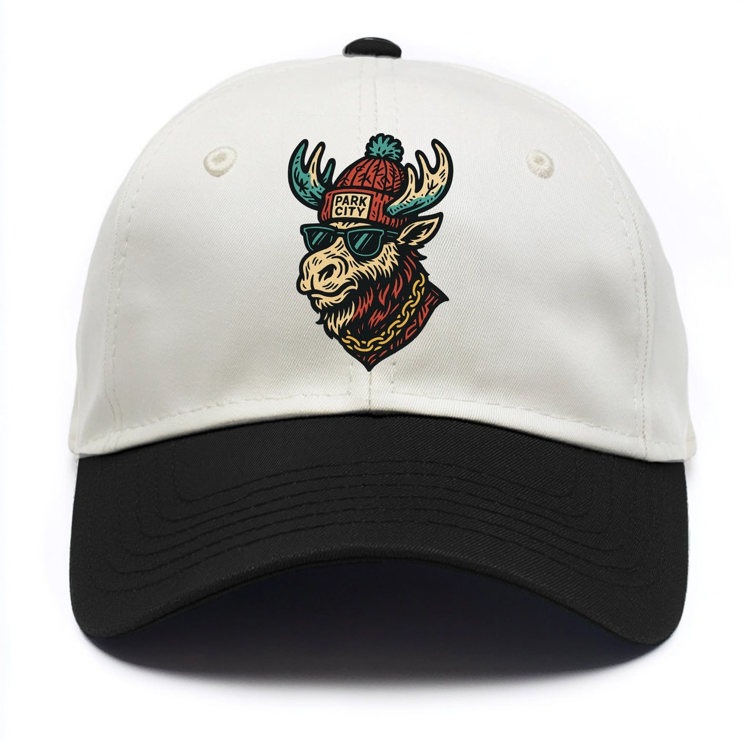 Park City Moose wearing Park City beanie with pom pom and wayfarer sunglasses - Two Tone Cap - Black