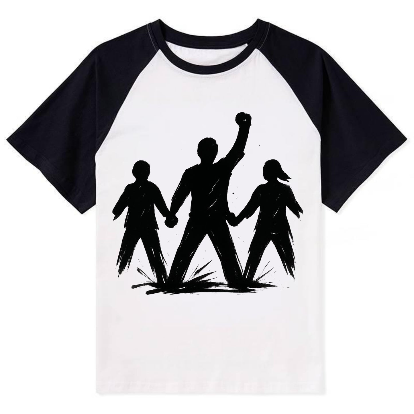 Human chain formation - unity and protection ink brushwork - Contrast Raglan T-shirt - Black