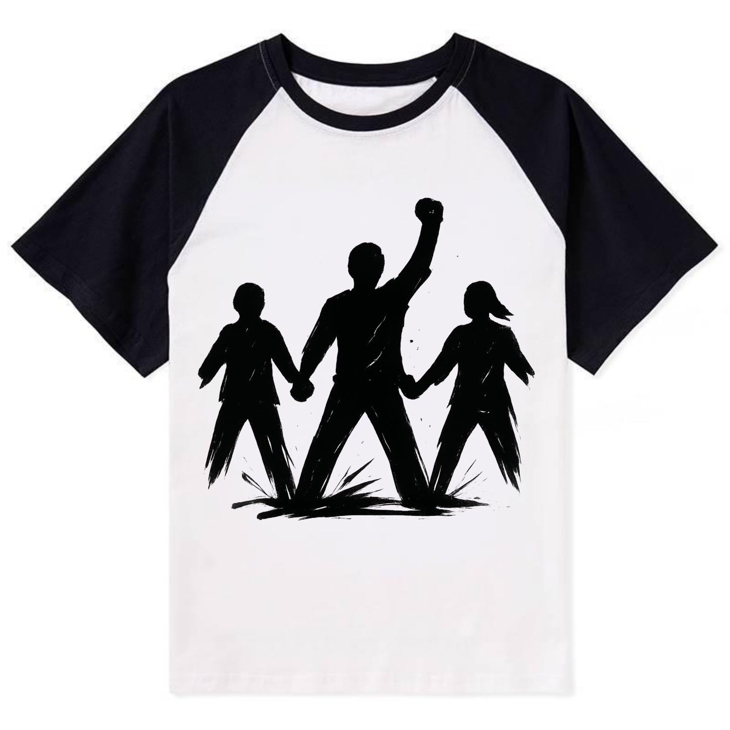 Human chain formation - unity and protection ink brushwork - Contrast Raglan T-shirt - Black