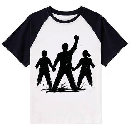 Human chain formation - unity and protection ink brushwork - Contrast Raglan T-shirt - Black