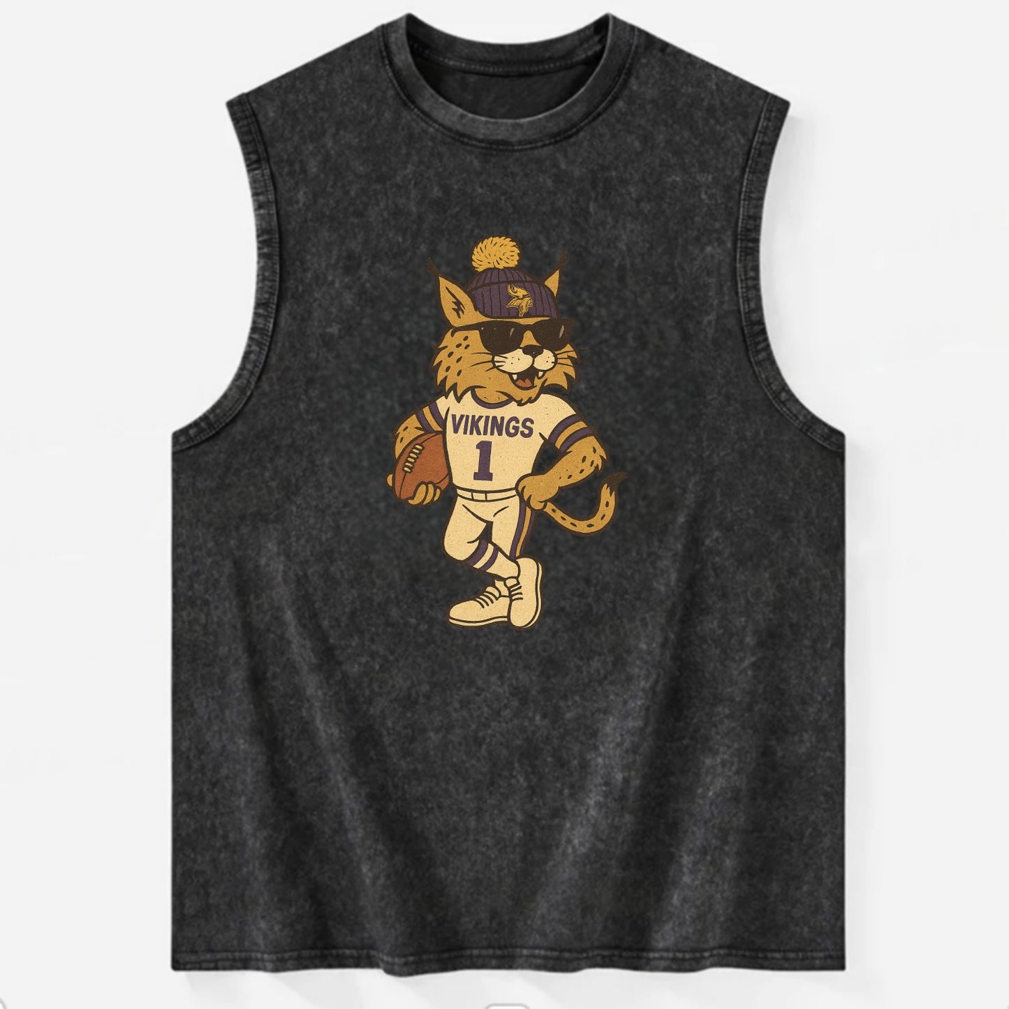 Minneapolis Lynx wearing Vikings beanie with Norse patch and wayfarer - Vintage Washed Tank - Black